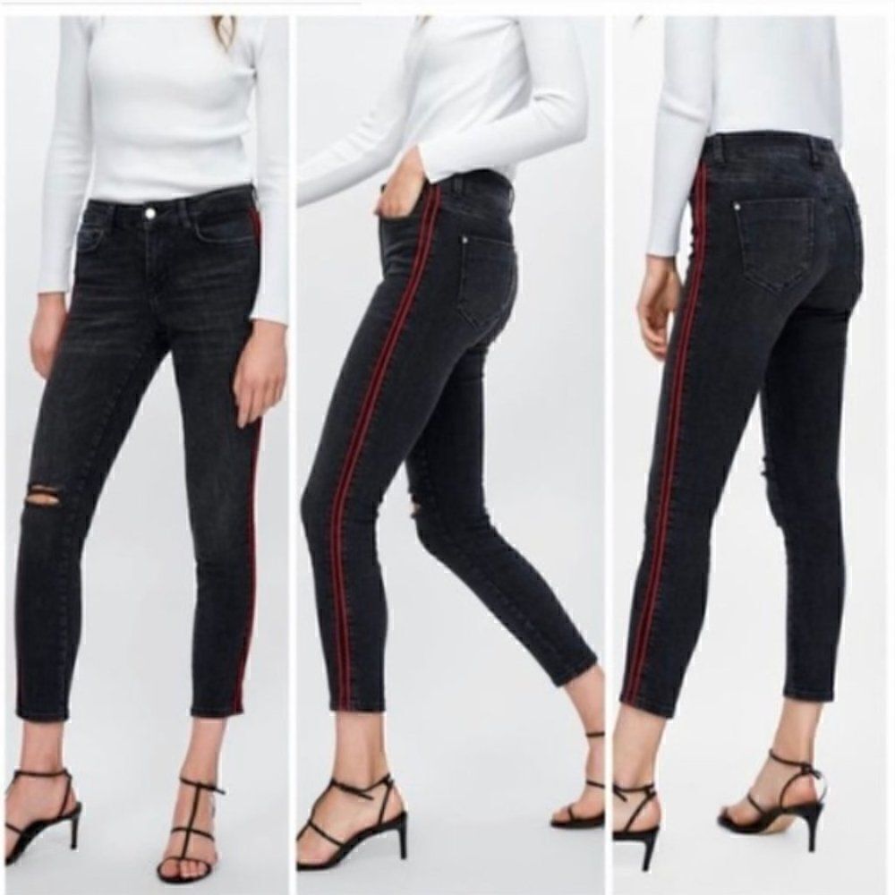 Zara Black Distressed Jeans with Red Stripe Size 4